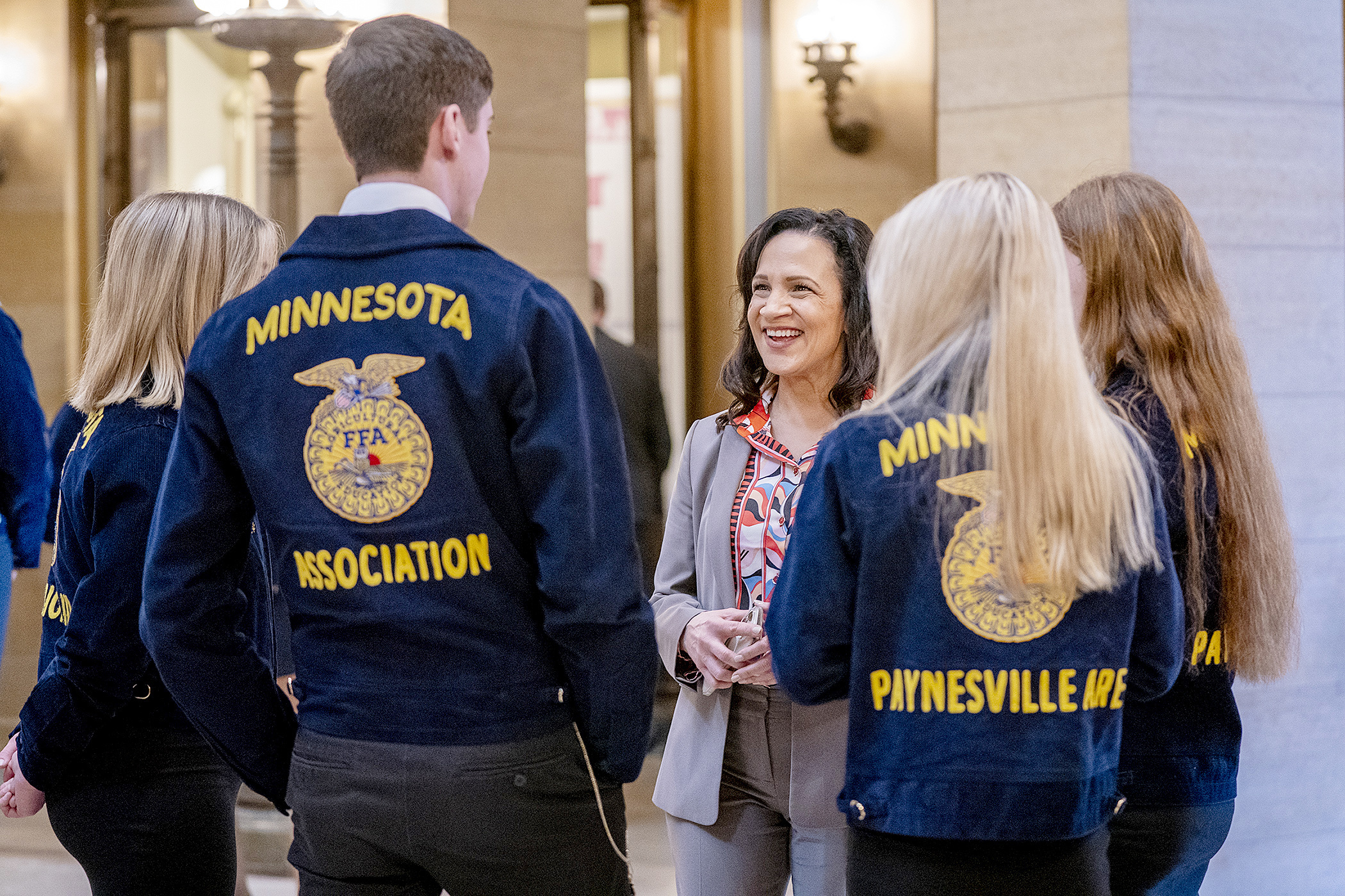 House Minority Leader Lisa Demuth speaks with a group of Minnesota FFA Association members visiting the State Capitol Feb. 26. The group participated in the FFA's Agricultural Policy Experience. (Photo by Michele Jokinen)